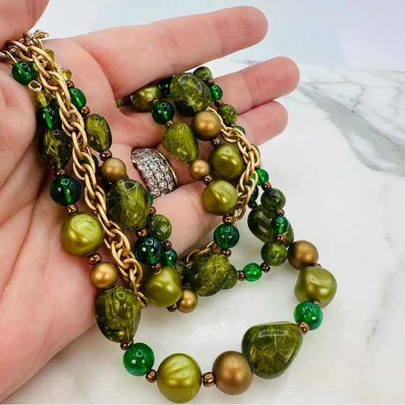 Vintage W. Germany Necklace Green Gold Beaded Multi Strand Graduated Sig… - Picture 5 of 11